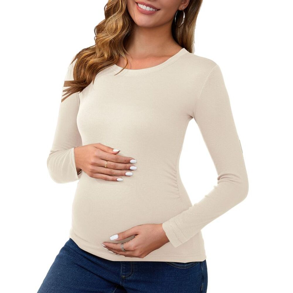 Maternity Ruched Long Sleeve Casual Blouses Basic T-Shirt Beige